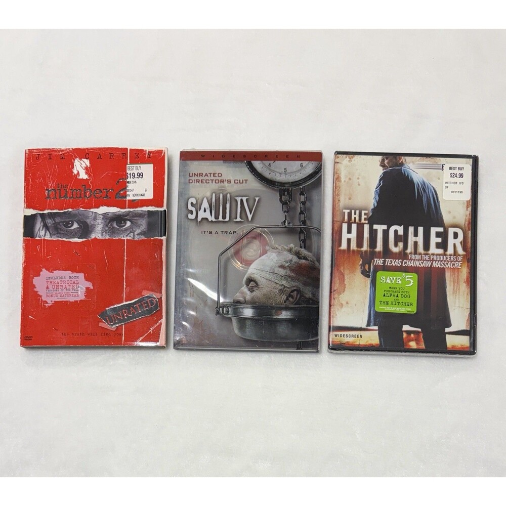 Lot of 3 Horror DVDs The Hitcher (Sealed) Saw IV Unrated The Number 23 Unrated